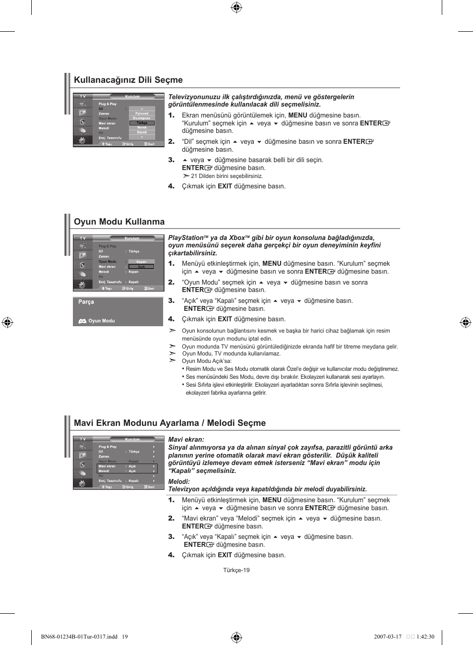 Kullanacağınız dili seçme, Oyun modu kullanma, Mavi ekran modunu ayarlama / melodi seçme | Samsung LE37S62B User Manual | Page 273 / 282