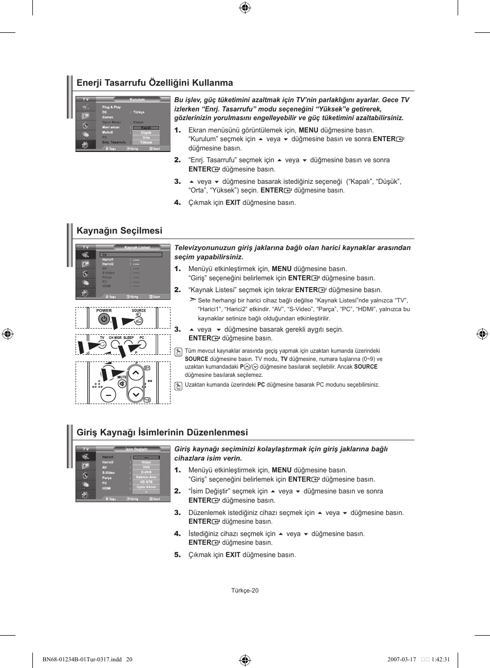 Enerji tasarrufu özelliğini kullanma, Kaynağın seçilmesi, Giriş kaynağı isimlerinin düzenlenmesi | Samsung LE37S62B User Manual | Page 274 / 282