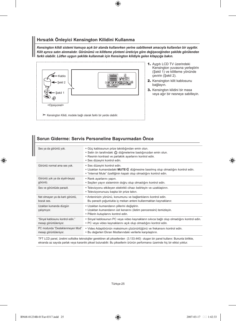 Sorun giderme: servis personeline başvurmadan önce, Hırsızlık önleyici kensington kilidini kullanma | Samsung LE37S62B User Manual | Page 279 / 282