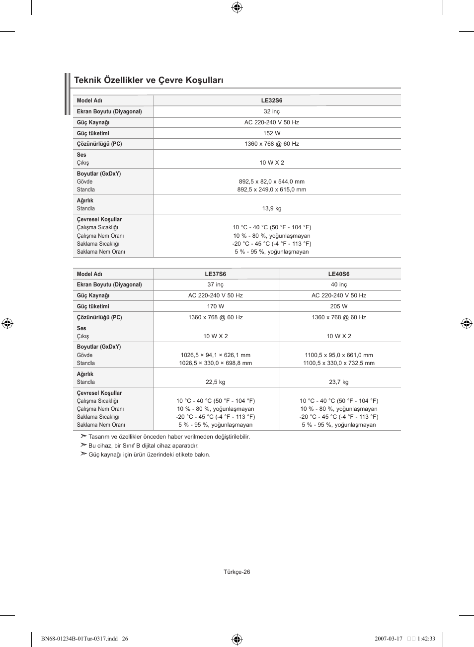 Teknik özellikler ve çevre koşulları | Samsung LE37S62B User Manual | Page 280 / 282