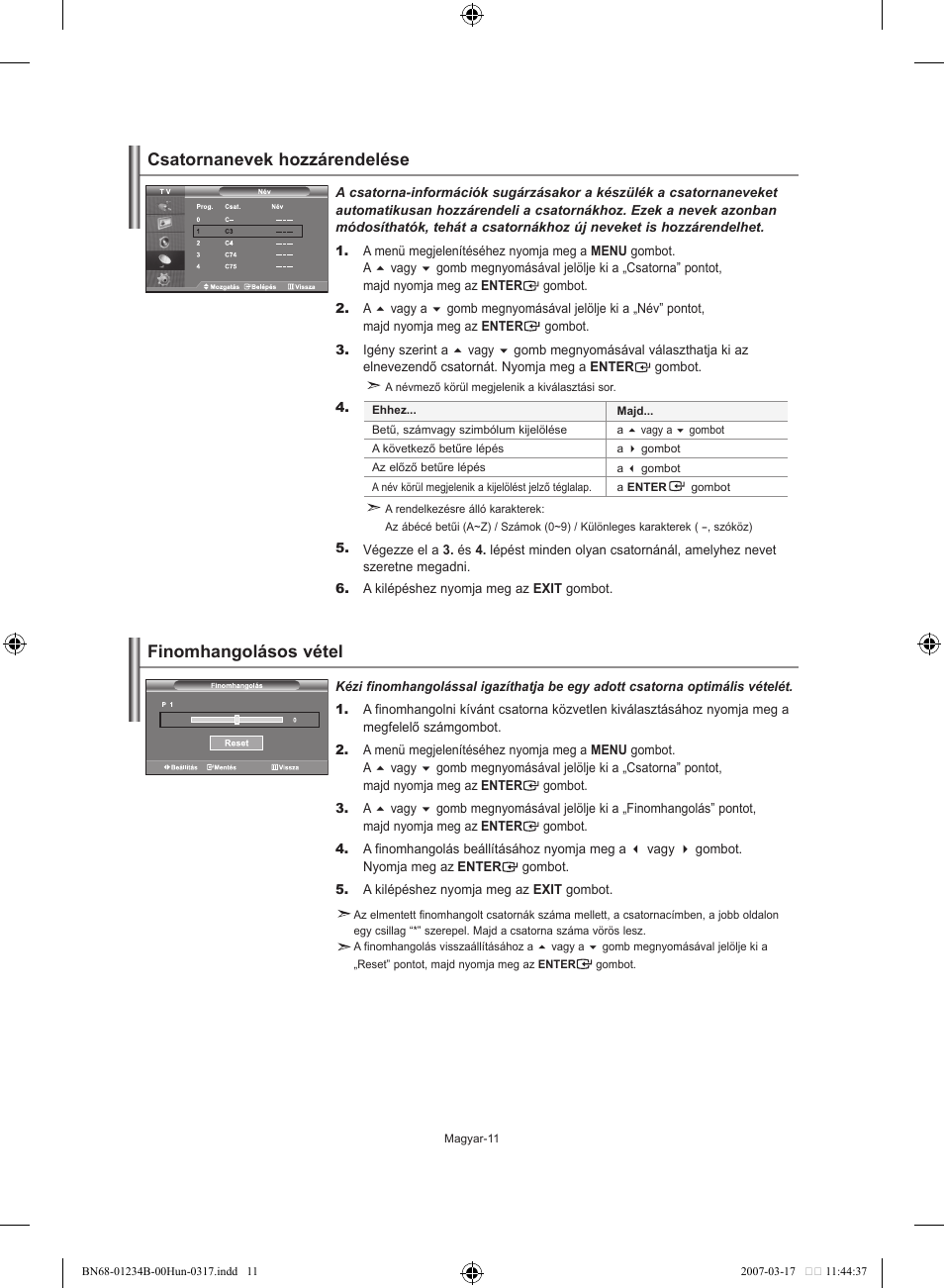 Csatornanevek hozzárendelése finomhangolásos vétel | Samsung LE37S62B User Manual | Page 41 / 282