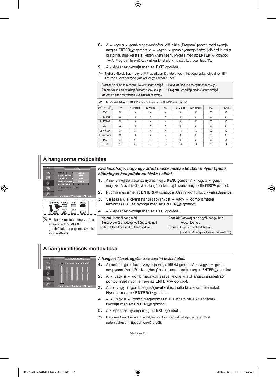 A hangnorma módosítása, A hangbeállítások módosítása | Samsung LE37S62B User Manual | Page 45 / 282