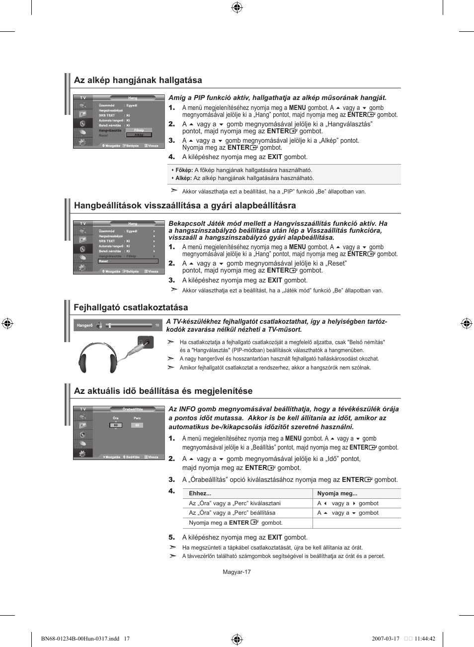 Az alkép hangjának hallgatása, Fejhallgató csatlakoztatása | Samsung LE37S62B User Manual | Page 47 / 282