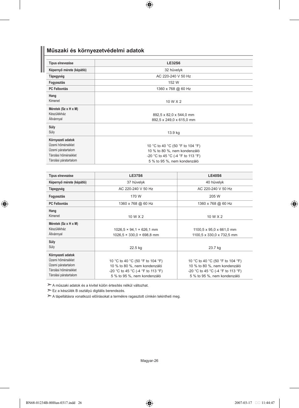 Műszaki és környezetvédelmi adatok | Samsung LE37S62B User Manual | Page 56 / 282