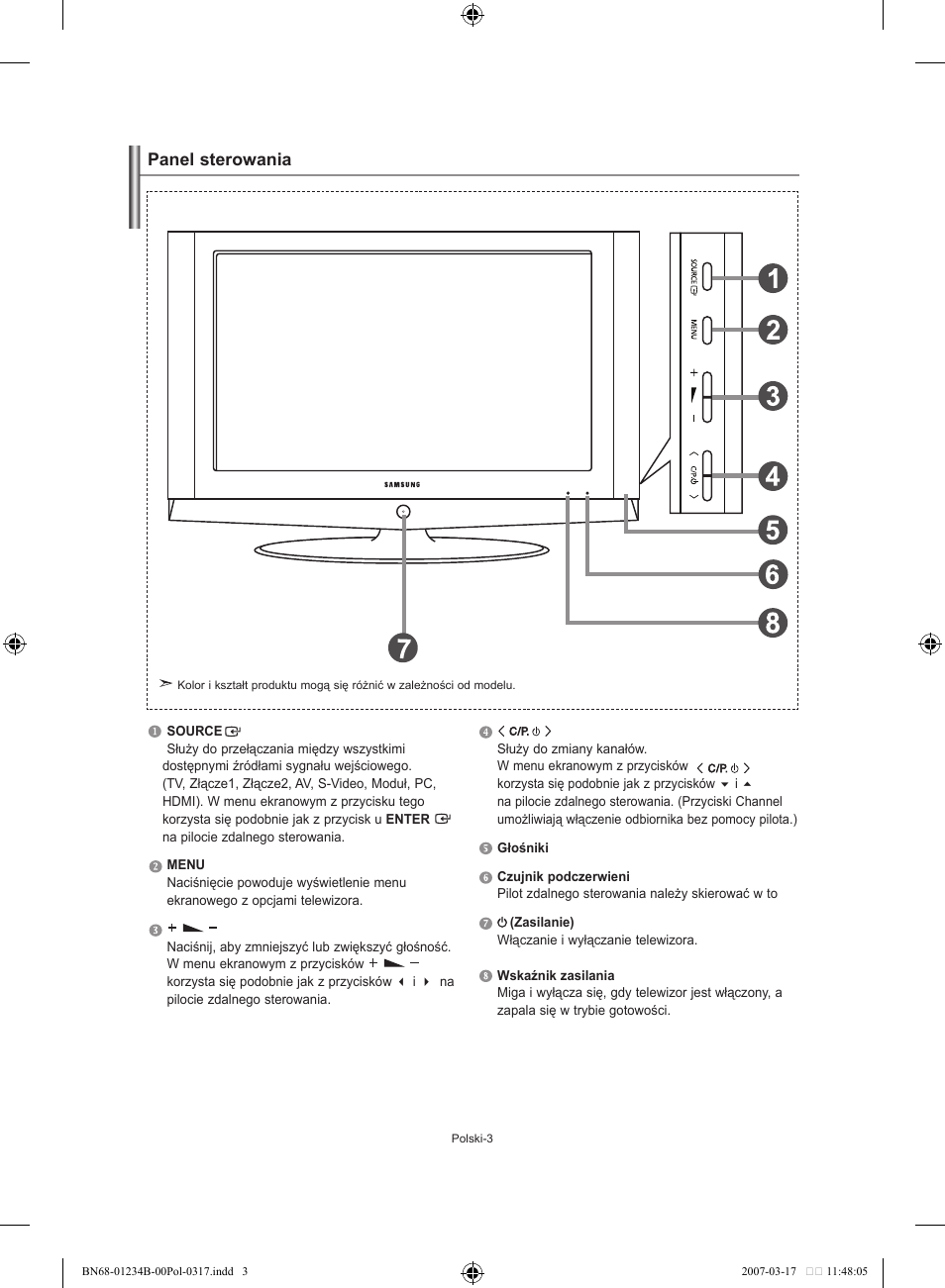 Panel sterowania | Samsung LE37S62B User Manual | Page 61 / 282