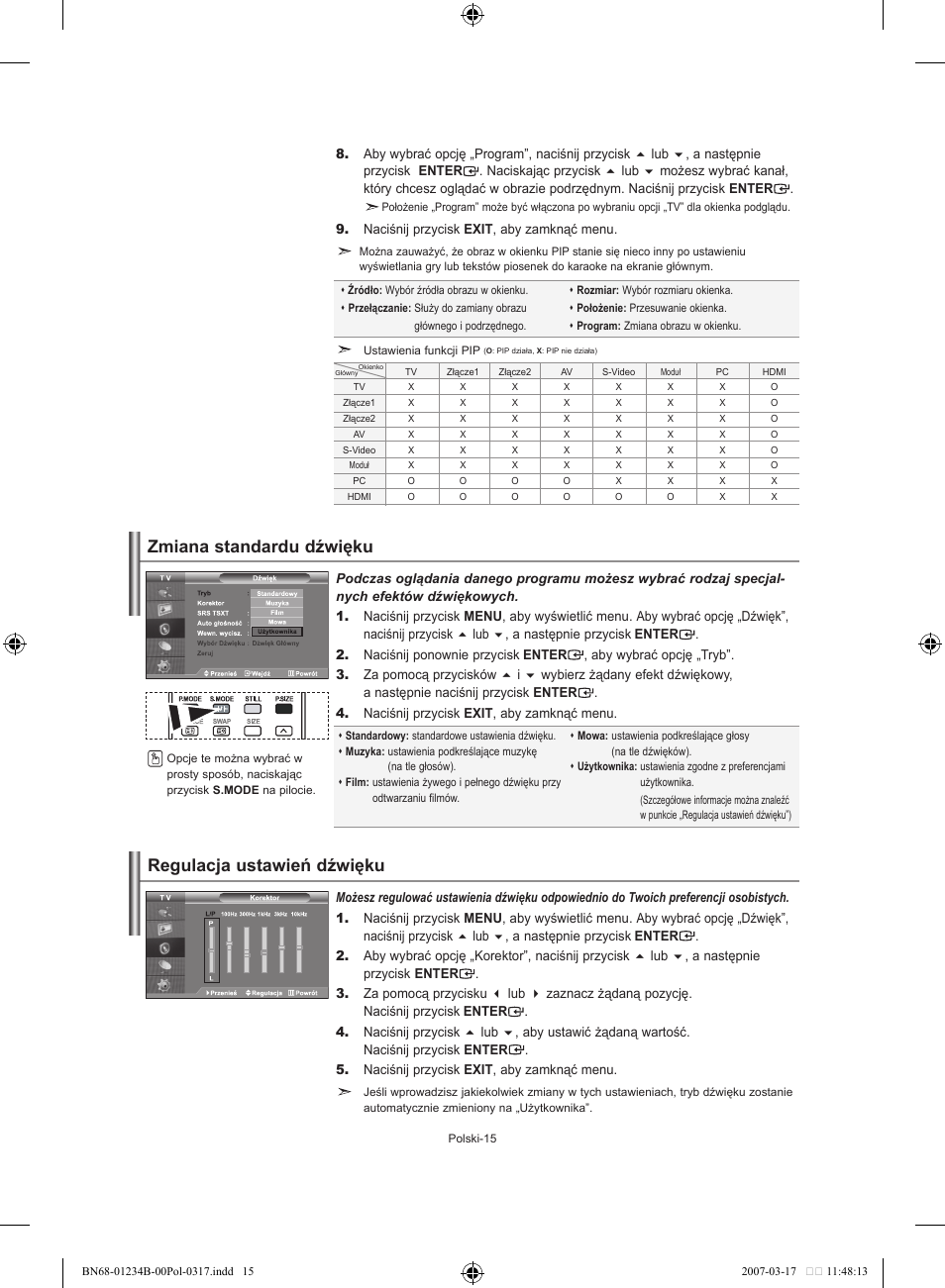 Zmiana standardu dźwięku, Regulacja ustawień dźwięku | Samsung LE37S62B User Manual | Page 73 / 282