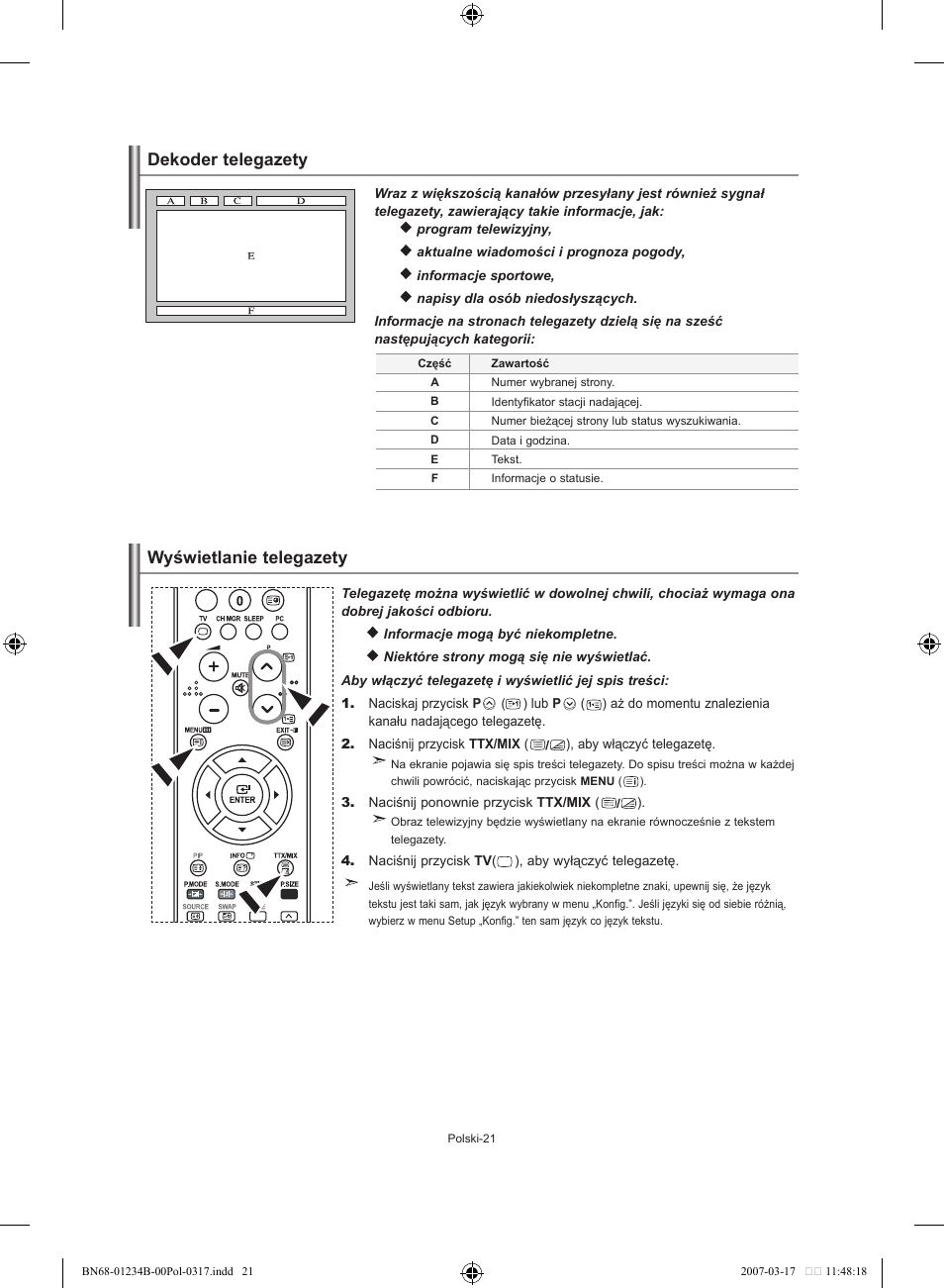 Dekoder telegazety wyświetlanie telegazety | Samsung LE37S62B User Manual | Page 79 / 282