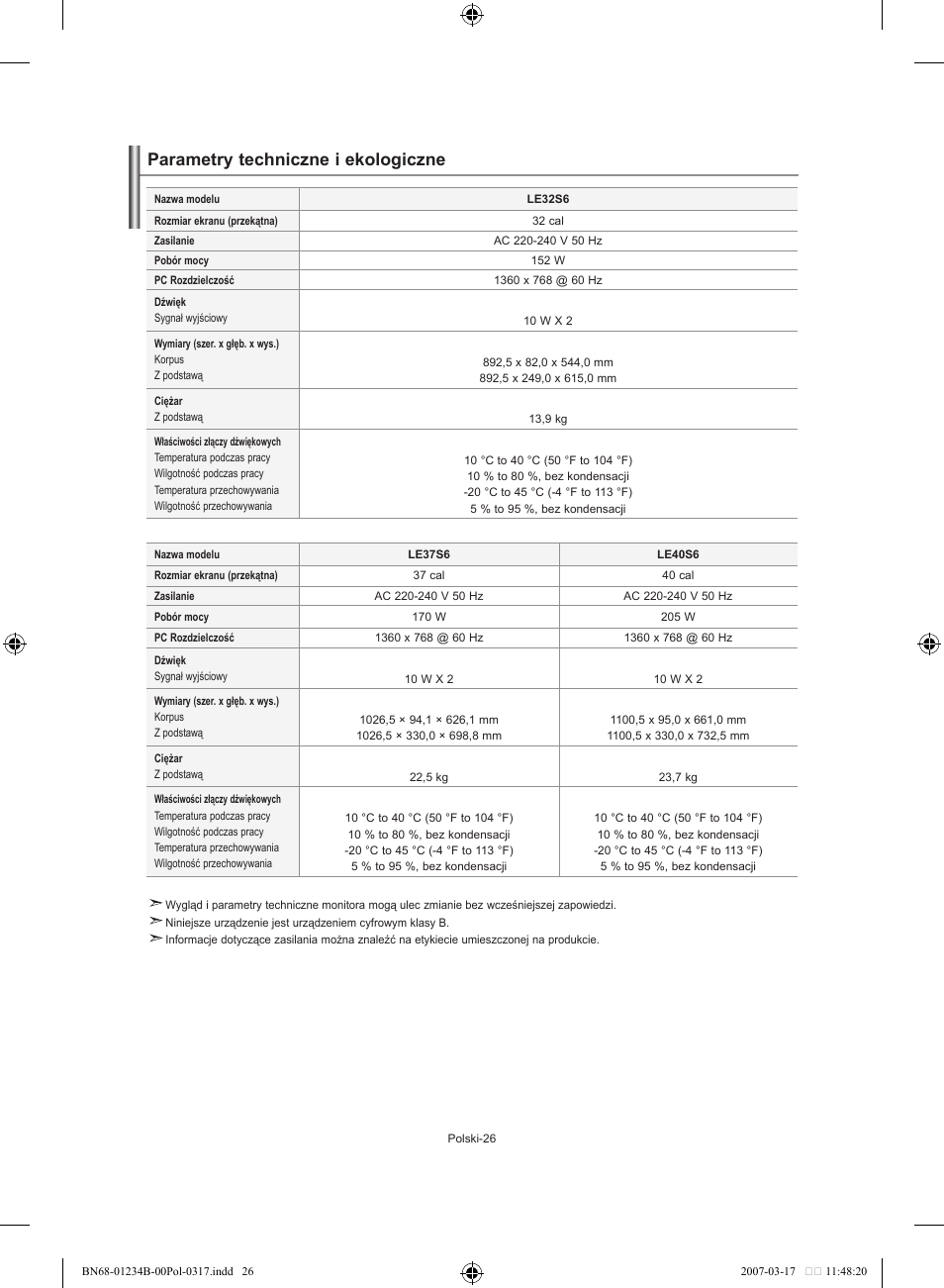 Parametry techniczne i ekologiczne | Samsung LE37S62B User Manual | Page 84 / 282