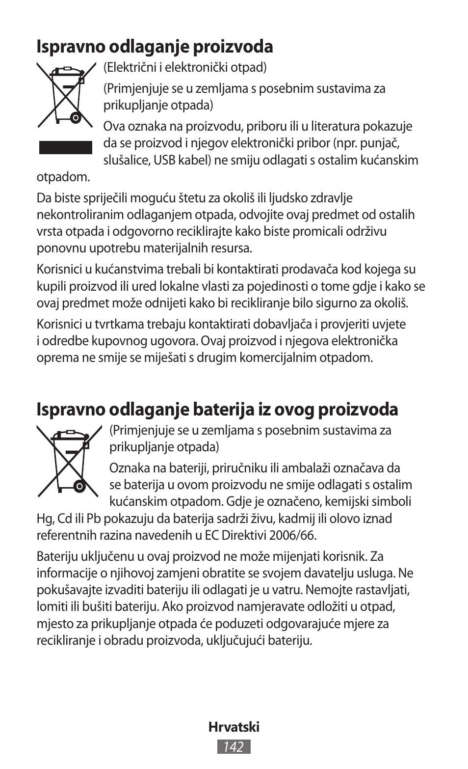 Ispravno odlaganje proizvoda, Ispravno odlaganje baterija iz ovog proizvoda | Samsung SM-T230 User Manual | Page 143 / 732