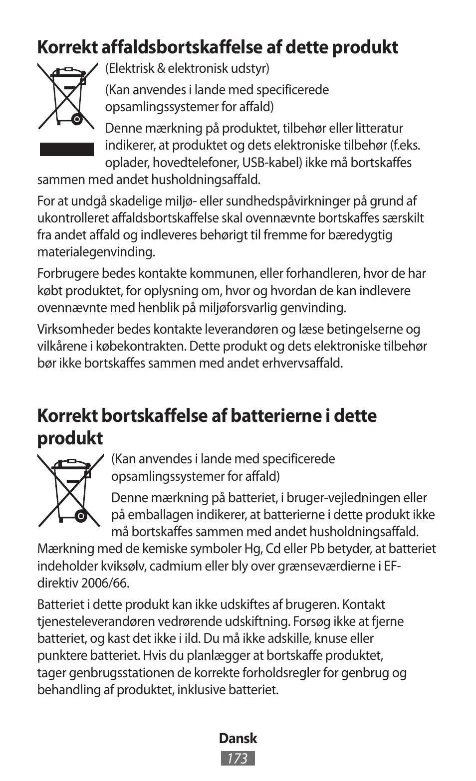 Korrekt affaldsbortskaffelse af dette produkt | Samsung SM-T230 User Manual | Page 174 / 732