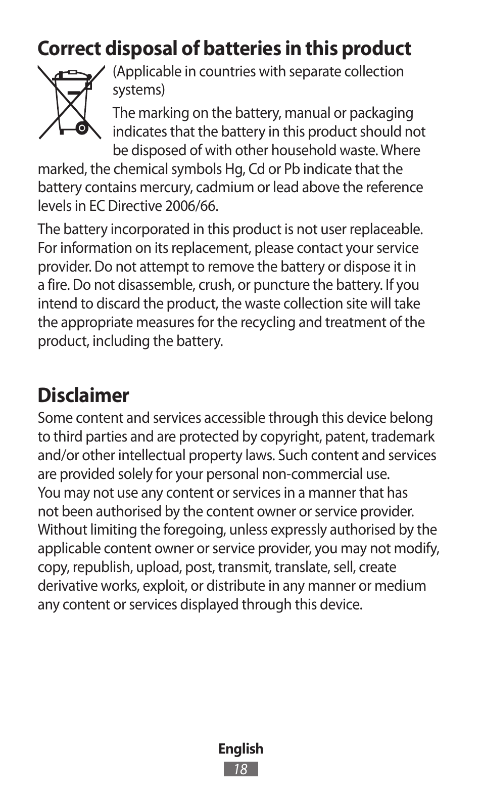 Correct disposal of batteries in this product, Disclaimer | Samsung SM-T230 User Manual | Page 19 / 732