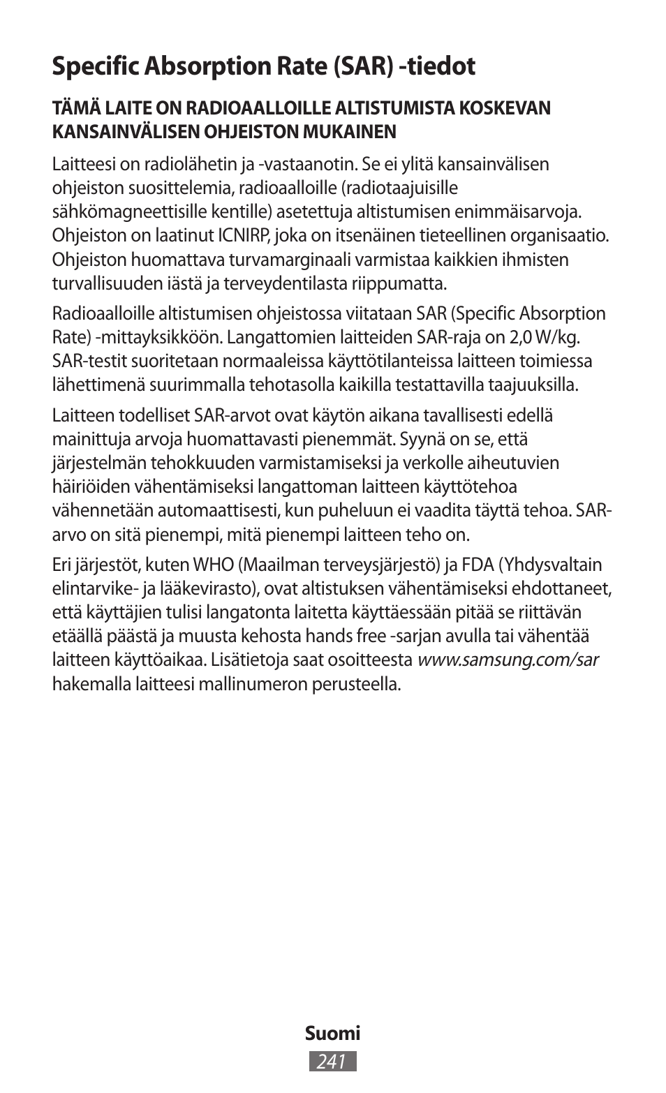 Specific absorption rate (sar) -tiedot | Samsung SM-T230 User Manual | Page 242 / 732