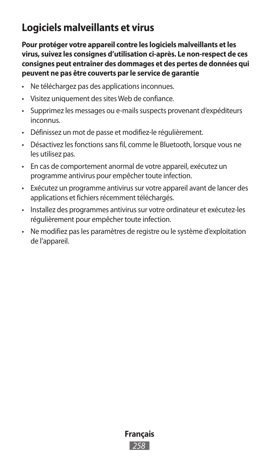 Logiciels malveillants et virus | Samsung SM-T230 User Manual | Page 259 / 732