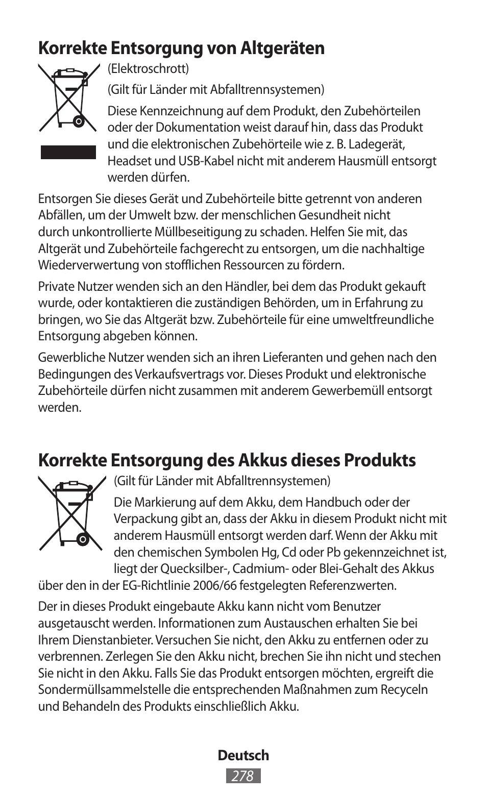 Korrekte entsorgung von altgeräten, Korrekte entsorgung des akkus dieses produkts | Samsung SM-T230 User Manual | Page 279 / 732