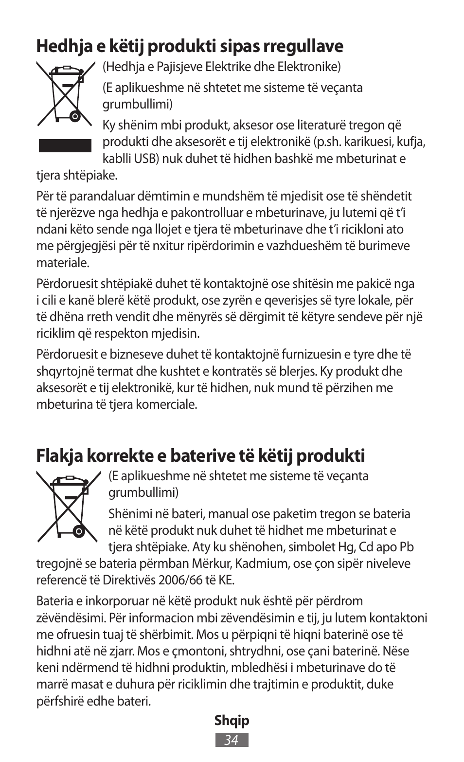 Hedhja e këtij produkti sipas rregullave, Flakja korrekte e baterive të këtij produkti | Samsung SM-T230 User Manual | Page 35 / 732