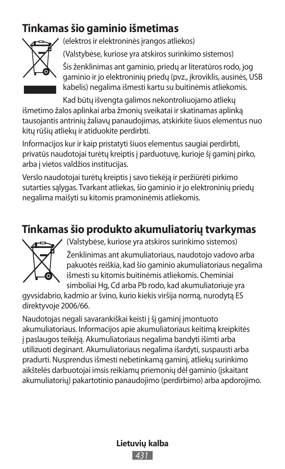 Tinkamas šio gaminio išmetimas, Tinkamas šio produkto akumuliatorių tvarkymas | Samsung SM-T230 User Manual | Page 432 / 732