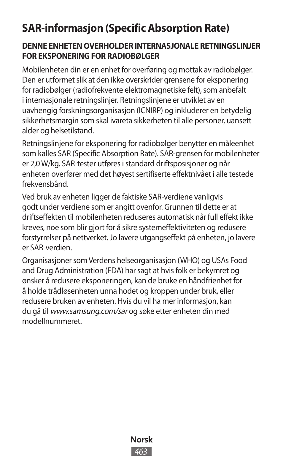 Sar-informasjon (specific absorption rate) | Samsung SM-T230 User Manual | Page 464 / 732