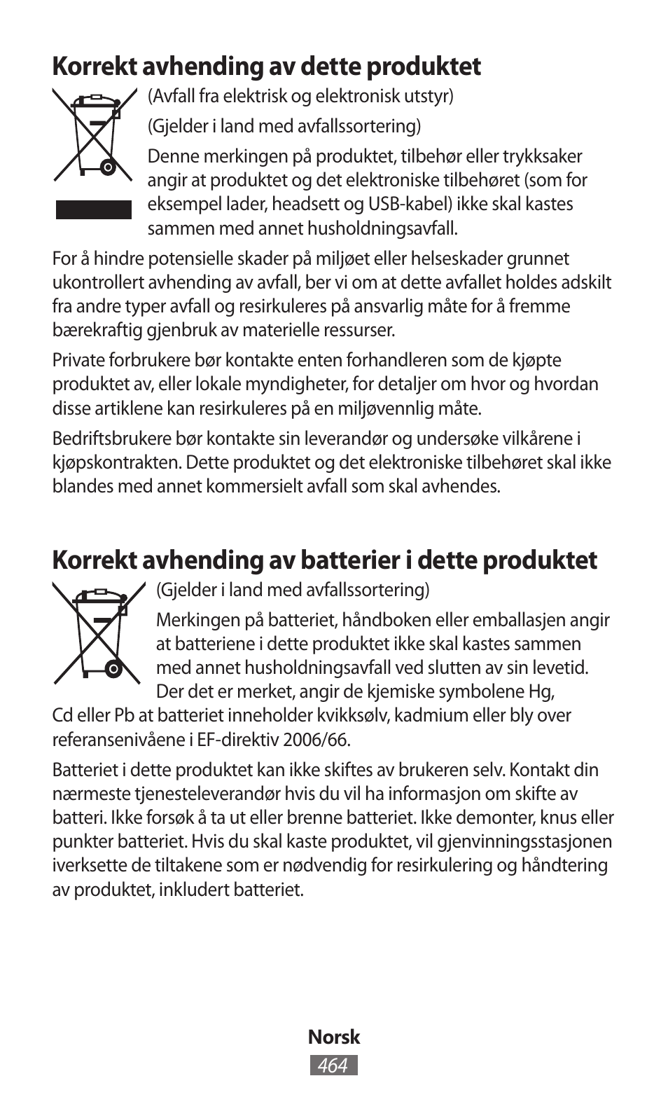 Korrekt avhending av dette produktet, Korrekt avhending av batterier i dette produktet | Samsung SM-T230 User Manual | Page 465 / 732