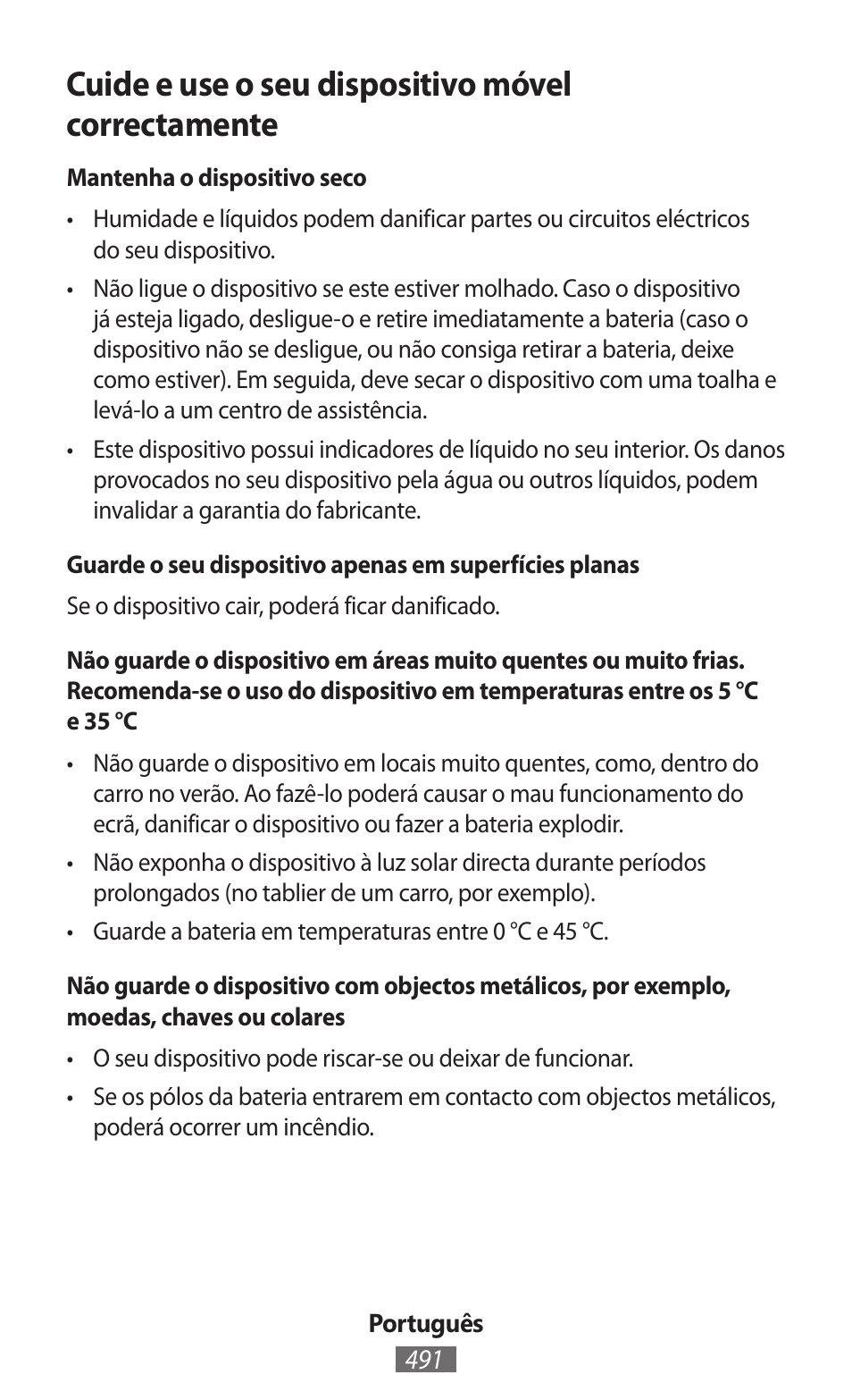 Cuide e use o seu dispositivo móvel correctamente | Samsung SM-T230 User Manual | Page 492 / 732