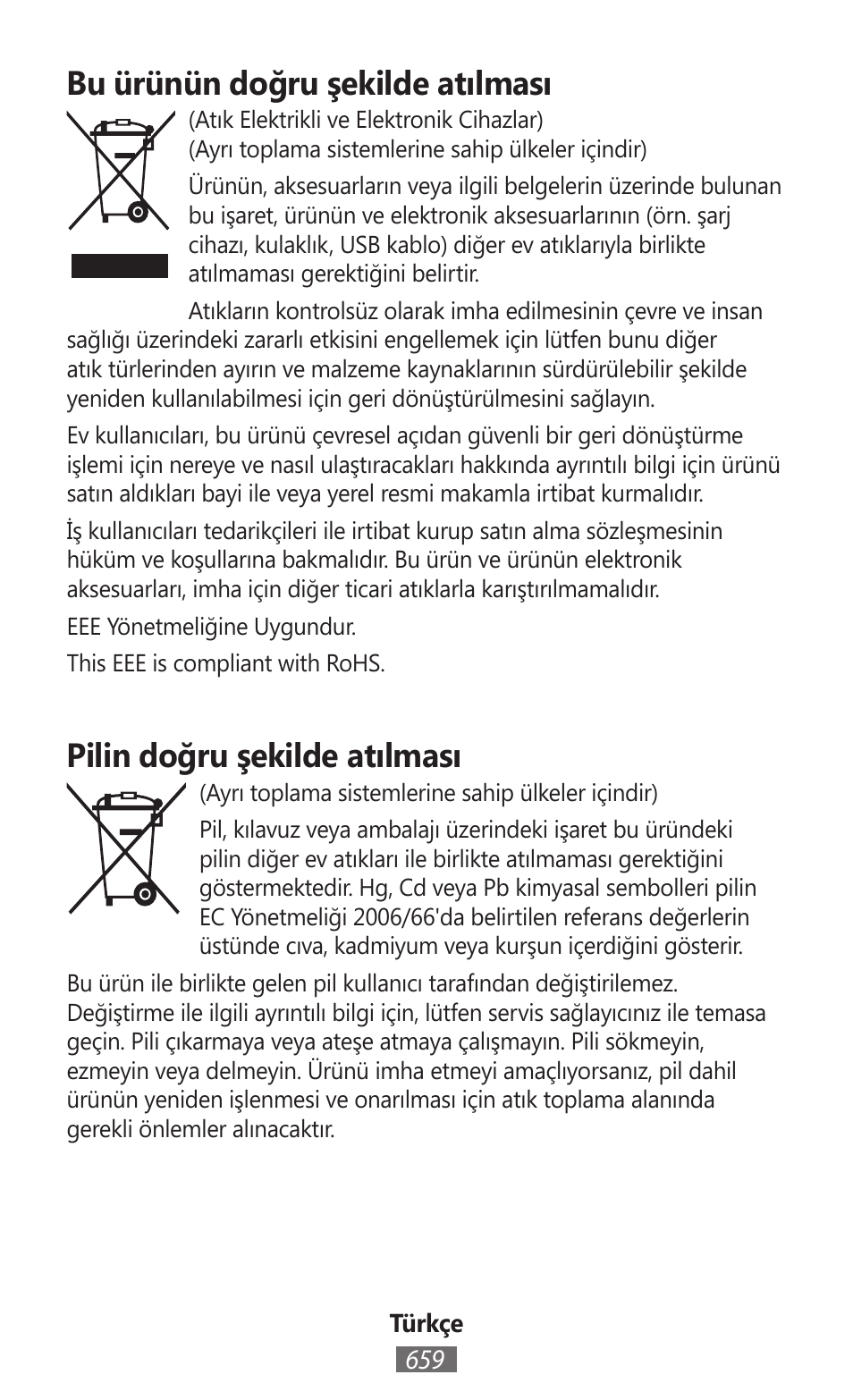 Bu ürünün doğru şekilde atılması, Pilin doğru şekilde atılması | Samsung SM-T230 User Manual | Page 660 / 732