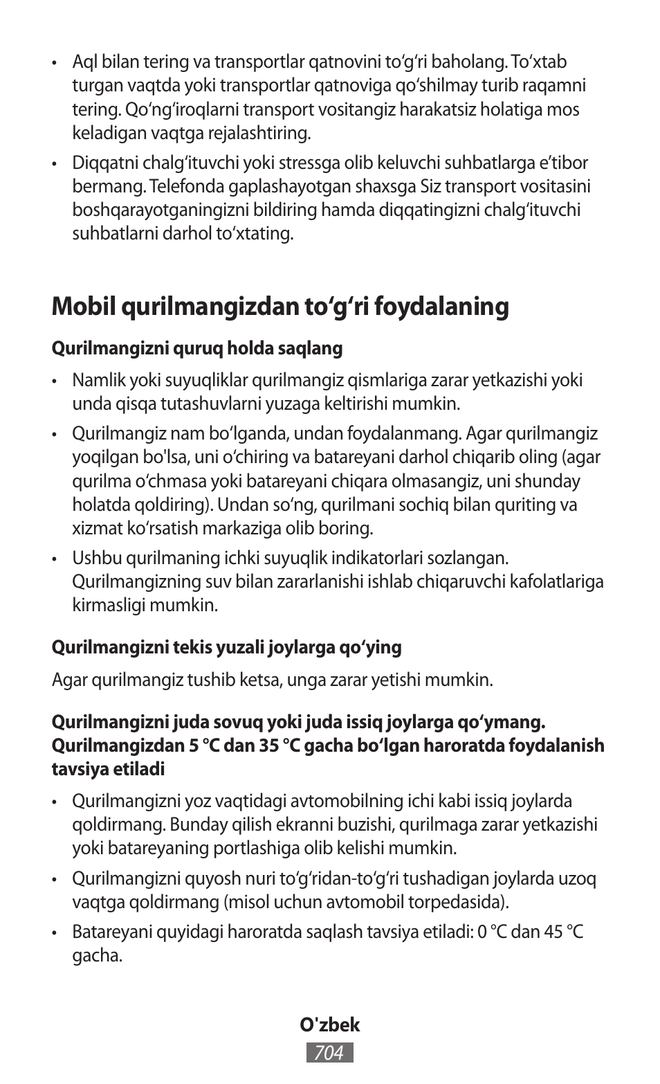 Mobil qurilmangizdan to‘g‘ri foydalaning | Samsung SM-T230 User Manual | Page 705 / 732