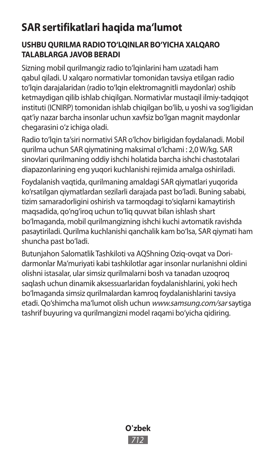 Sar sertifikatlari haqida ma‘lumot | Samsung SM-T230 User Manual | Page 713 / 732