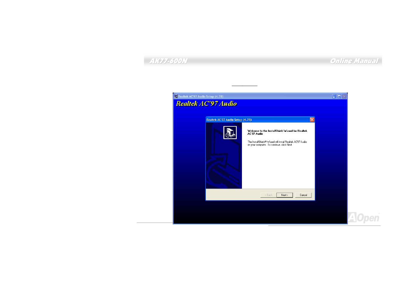 Installing audio driver | AOpen AK77-600N User Manual | Page 78 / 111