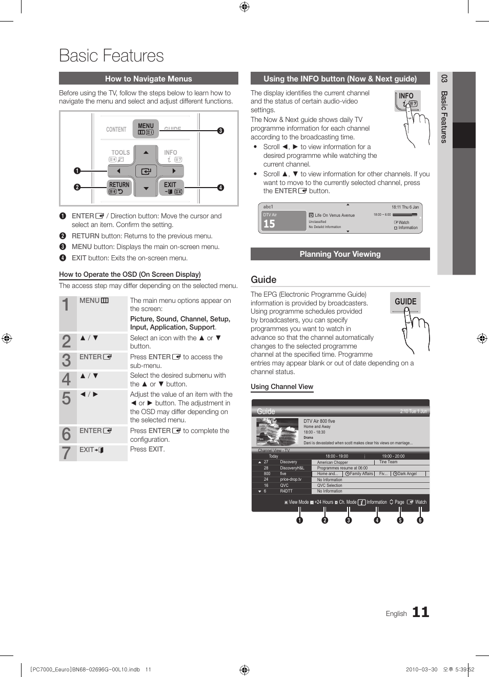 Basic features, Guide | Samsung PS50C7000YW User Manual | Page 11 / 621