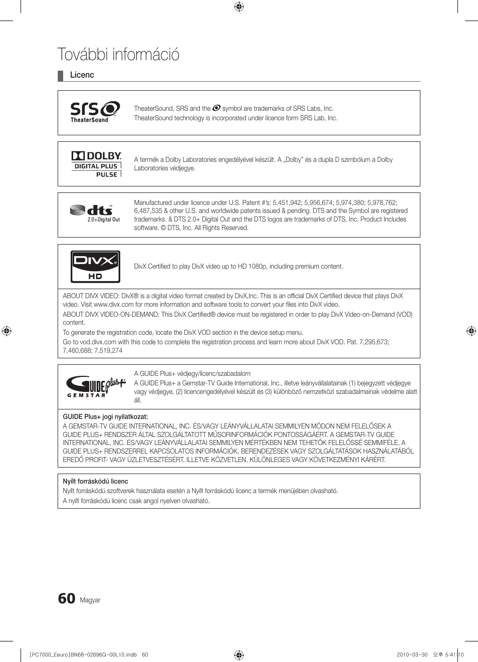 További információ | Samsung PS50C7000YW User Manual | Page 122 / 621