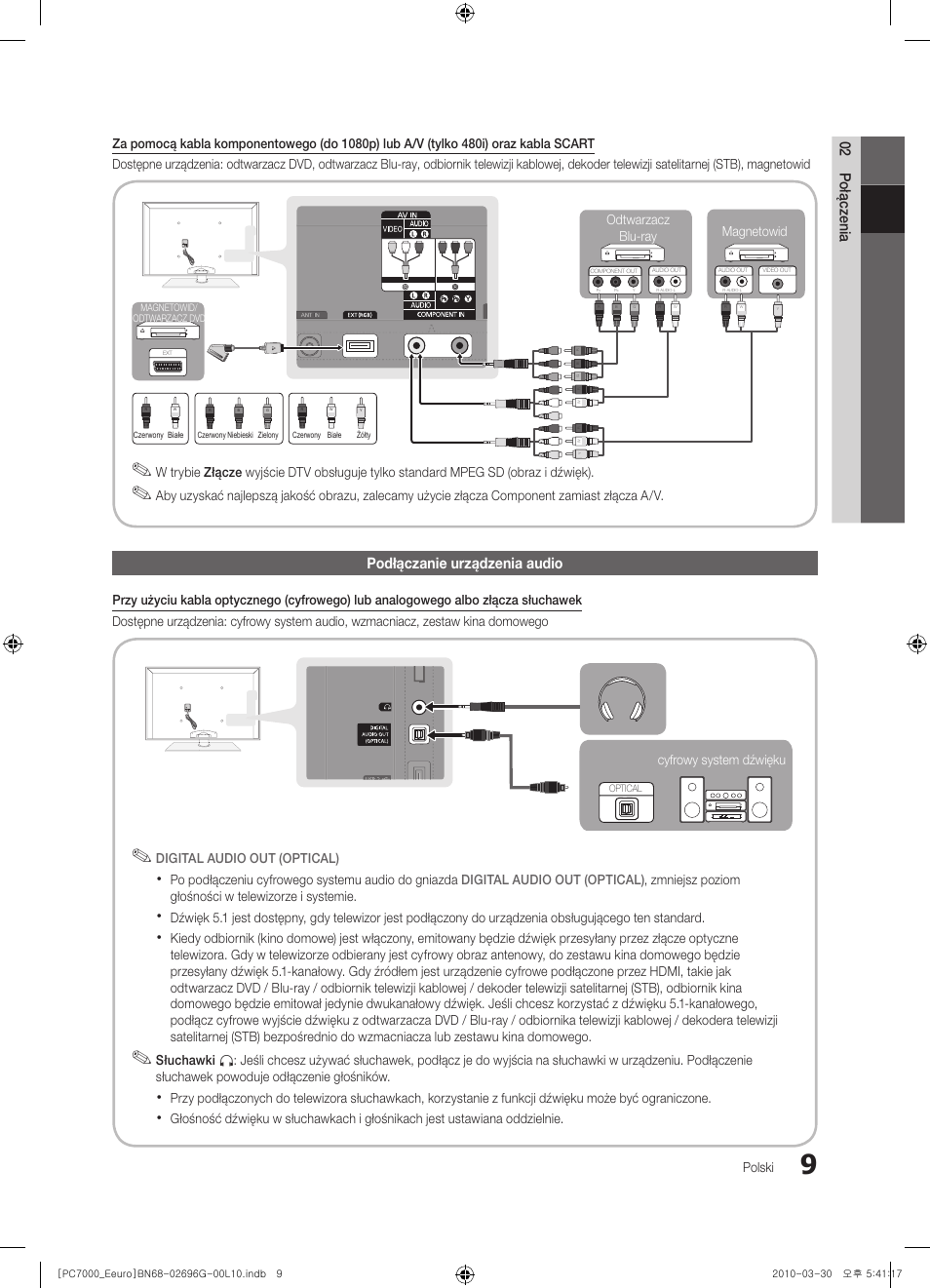 02 połączenia, Podłączanie urządzenia audio | Samsung PS50C7000YW User Manual | Page 133 / 621