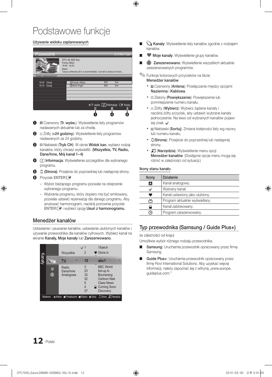 Podstawowe funkcje, Menedżer kanałów, Typ przewodnika (samsung / guide plus+) | Samsung PS50C7000YW User Manual | Page 136 / 621
