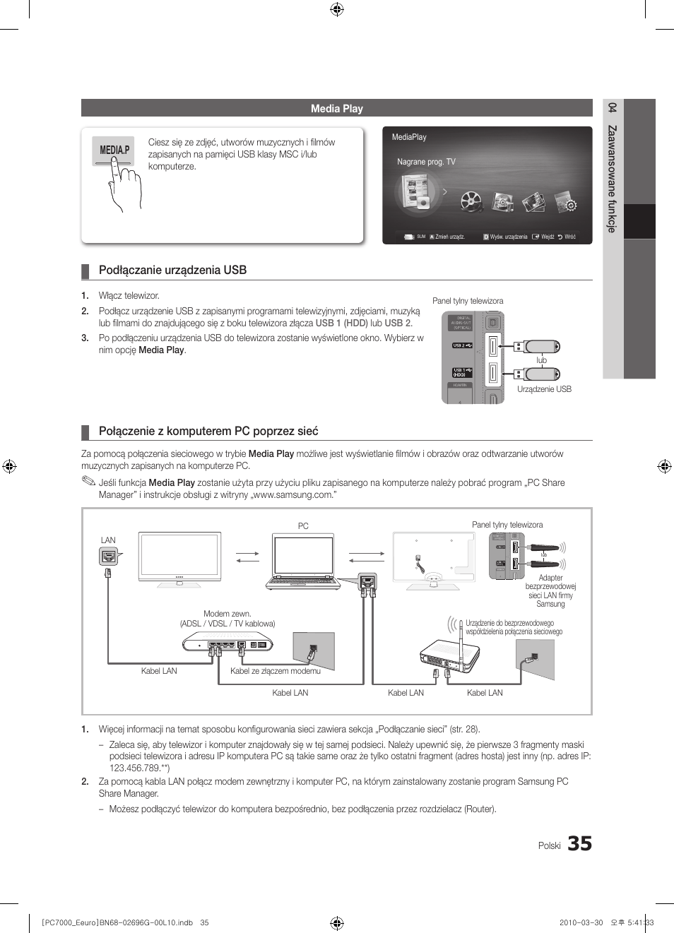Podłączanie urządzenia usb, Połączenie z komputerem pc poprzez sieć | Samsung PS50C7000YW User Manual | Page 159 / 621