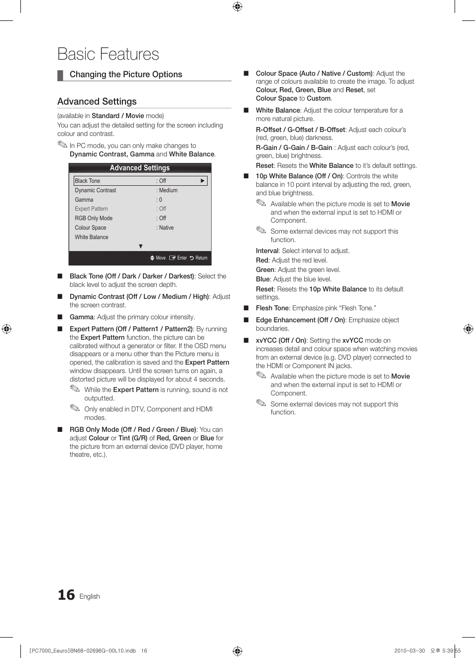 Basic features, Advanced settings | Samsung PS50C7000YW User Manual | Page 16 / 621