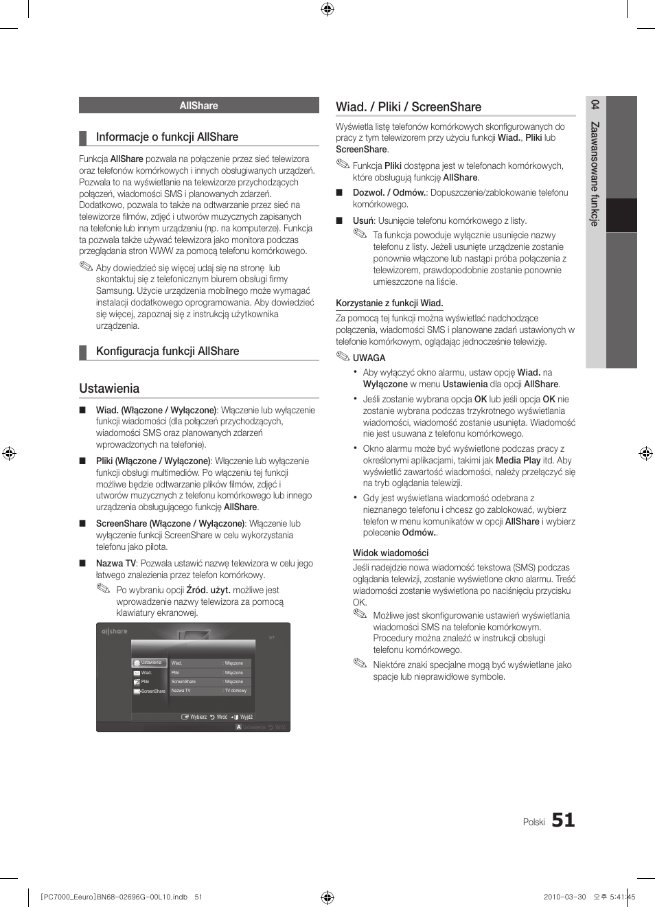 Ustawienia, Wiad. / pliki / screenshare | Samsung PS50C7000YW User Manual | Page 175 / 621