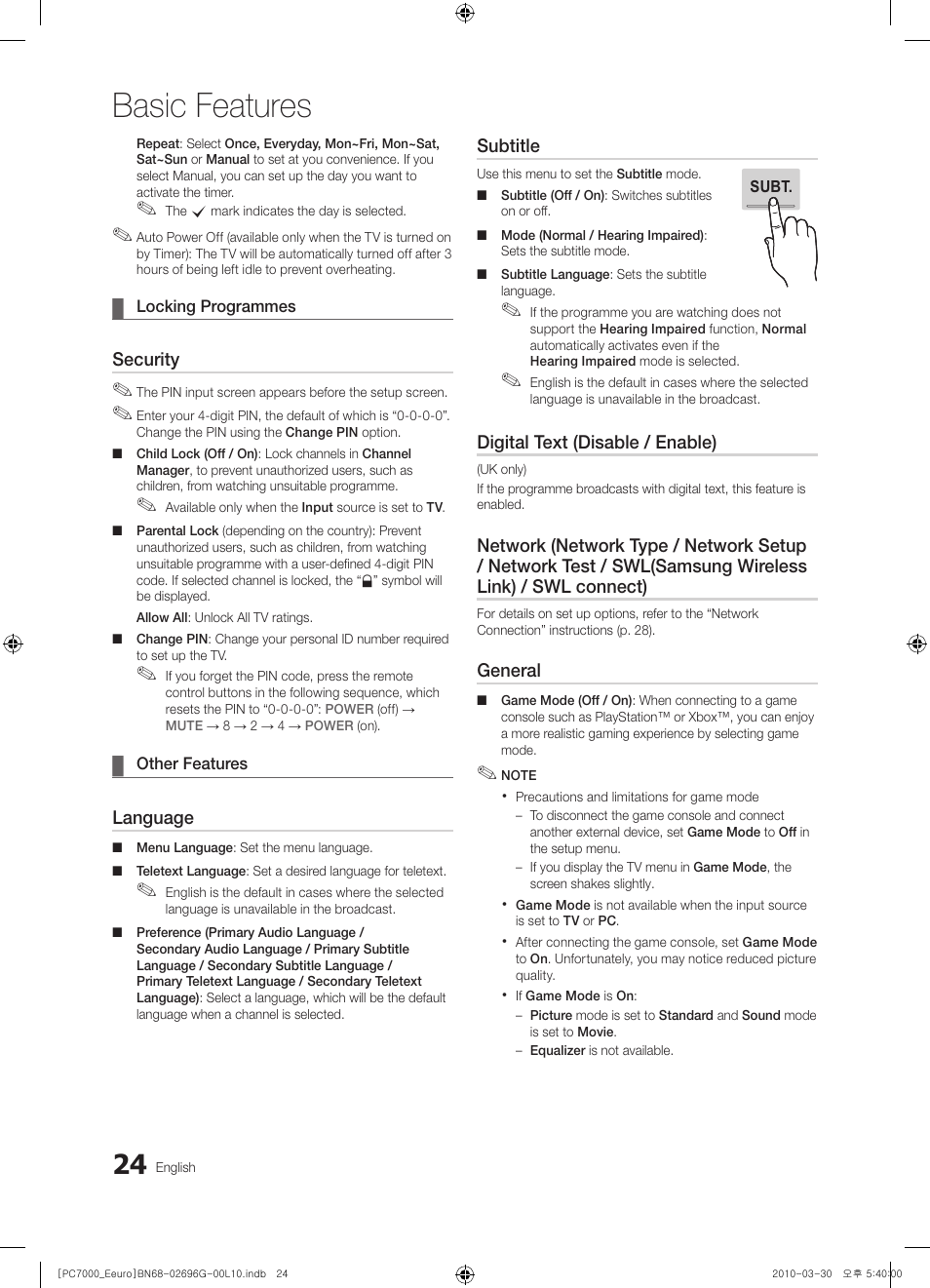 Basic features | Samsung PS50C7000YW User Manual | Page 24 / 621