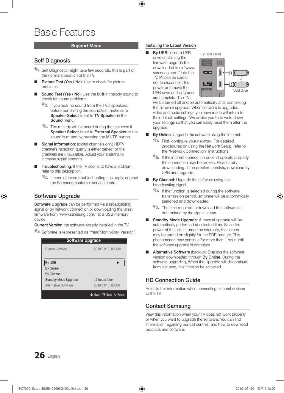 Basic features, Self diagnosis, Software upgrade | Hd connection guide, Contact samsung | Samsung PS50C7000YW User Manual | Page 26 / 621