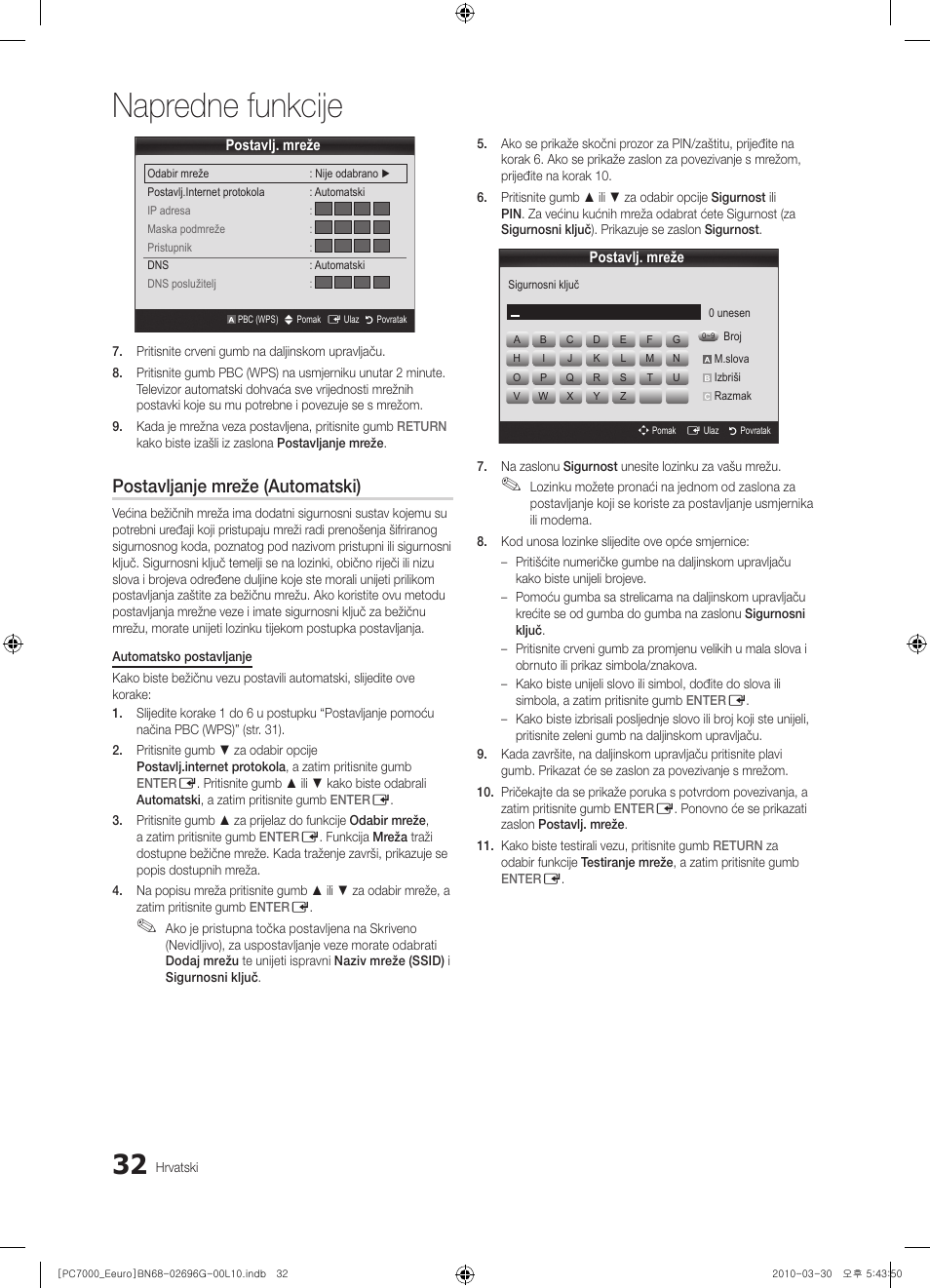 Napredne funkcije, Postavljanje mreže (automatski) | Samsung PS50C7000YW User Manual | Page 342 / 621