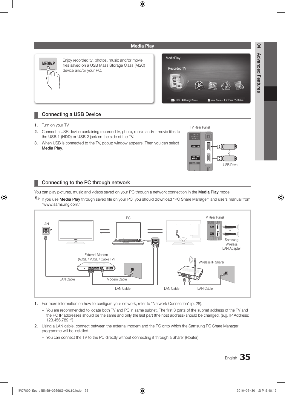 Connecting a usb device, Connecting to the pc through network | Samsung PS50C7000YW User Manual | Page 35 / 621