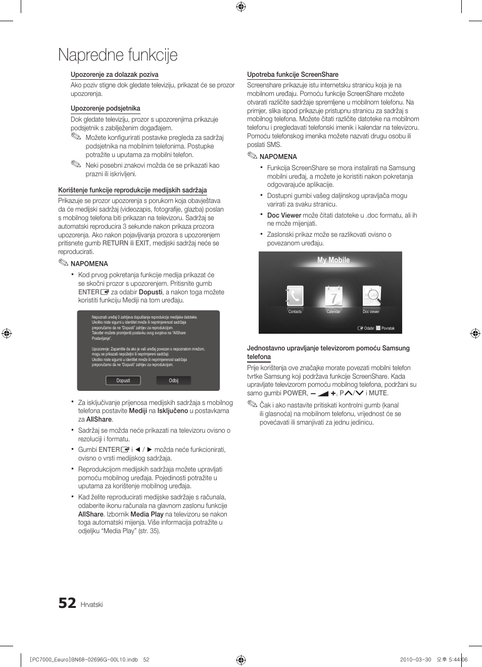 Napredne funkcije | Samsung PS50C7000YW User Manual | Page 362 / 621