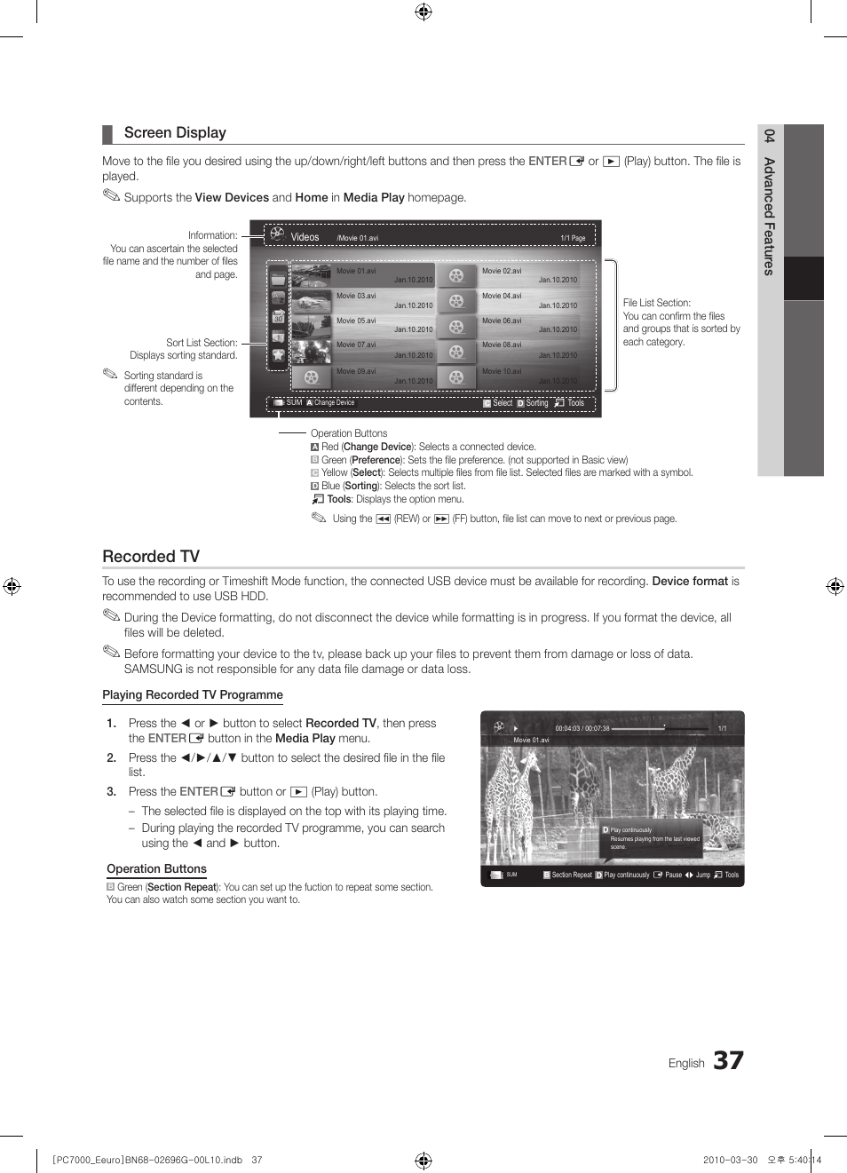 Recorded tv, Screen display | Samsung PS50C7000YW User Manual | Page 37 / 621