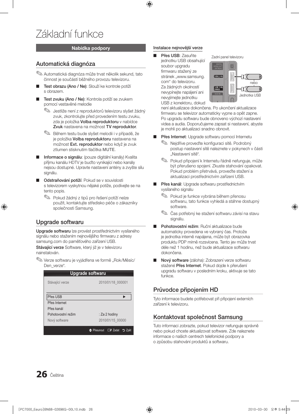 Základní funkce, Automatická diagnóza, Upgrade softwaru | Průvodce připojením hd, Kontaktovat společnost samsung | Samsung PS50C7000YW User Manual | Page 398 / 621