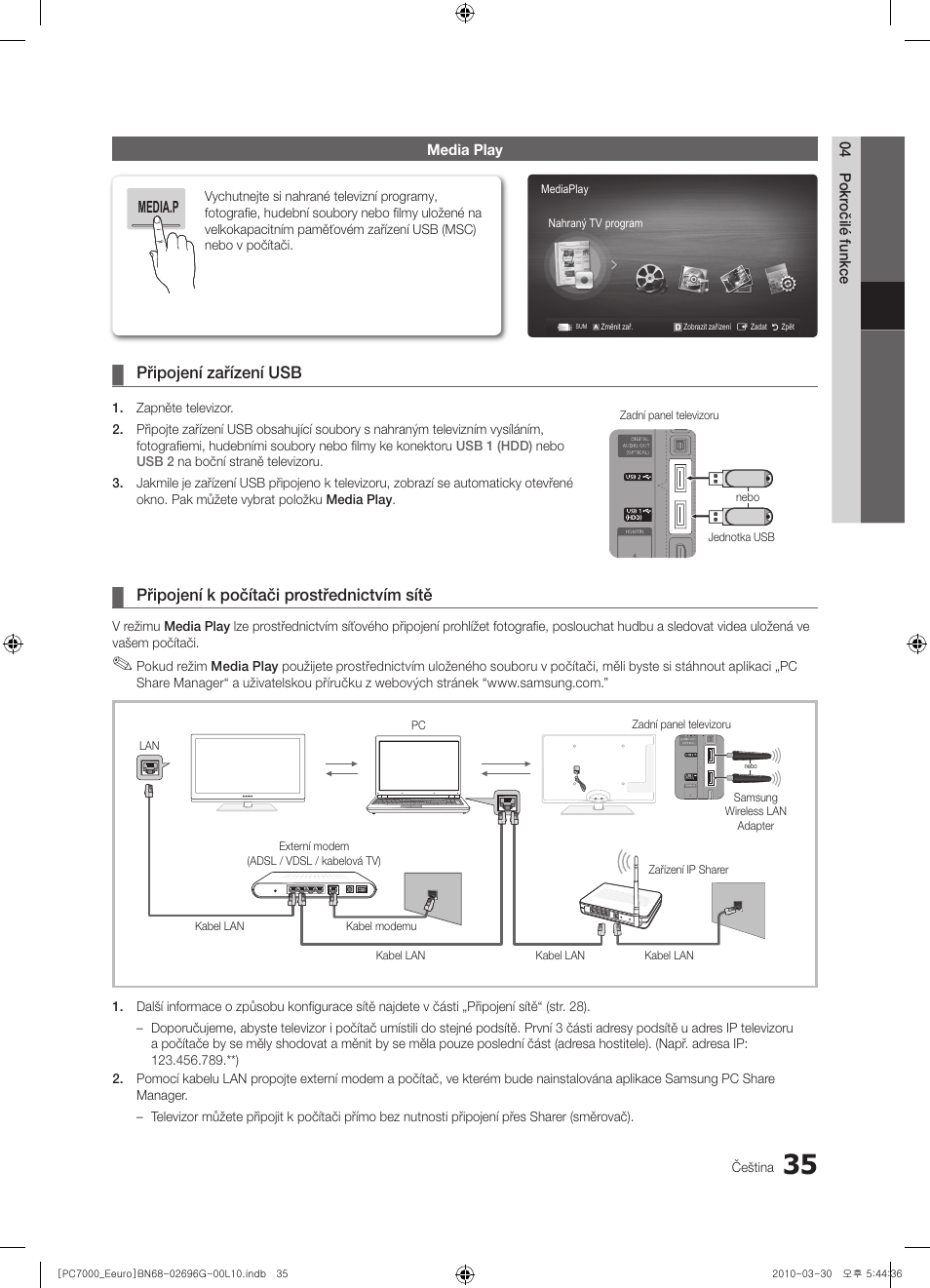 Připojení zařízení usb, Připojení k počítači prostřednictvím sítě | Samsung PS50C7000YW User Manual | Page 407 / 621