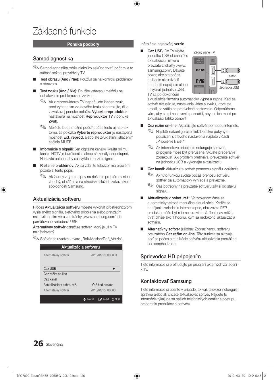 Základné funkcie, Samodiagnostika, Aktualizácia softvéru | Sprievodca hd pripojením, Kontaktovať samsung | Samsung PS50C7000YW User Manual | Page 460 / 621