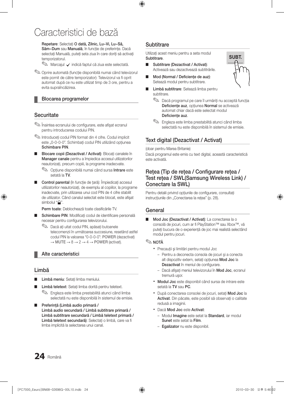 Caracteristici de bază | Samsung PS50C7000YW User Manual | Page 520 / 621