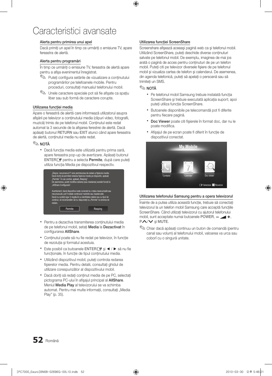 Caracteristici avansate | Samsung PS50C7000YW User Manual | Page 548 / 621