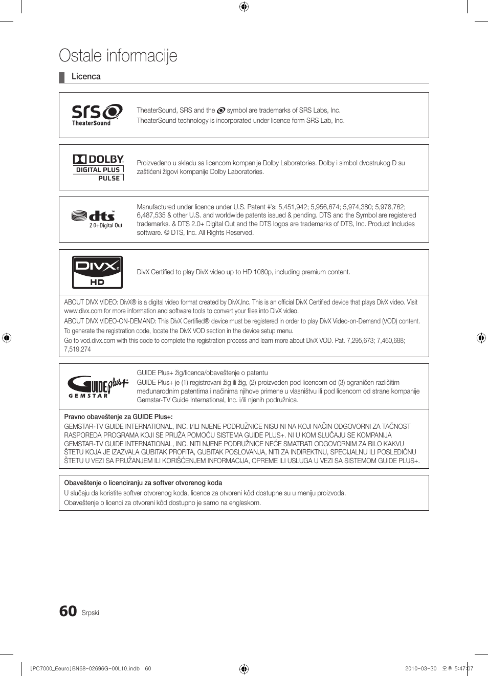 Ostale informacije | Samsung PS50C7000YW User Manual | Page 618 / 621