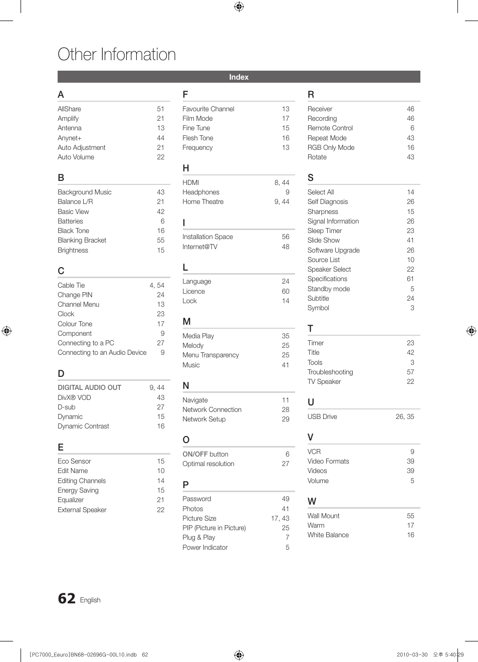 Other information | Samsung PS50C7000YW User Manual | Page 62 / 621