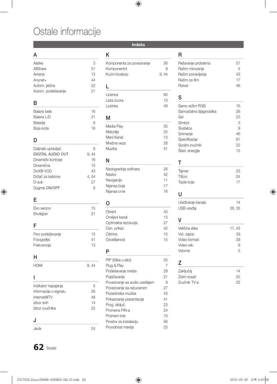 Ostale informacije | Samsung PS50C7000YW User Manual | Page 620 / 621