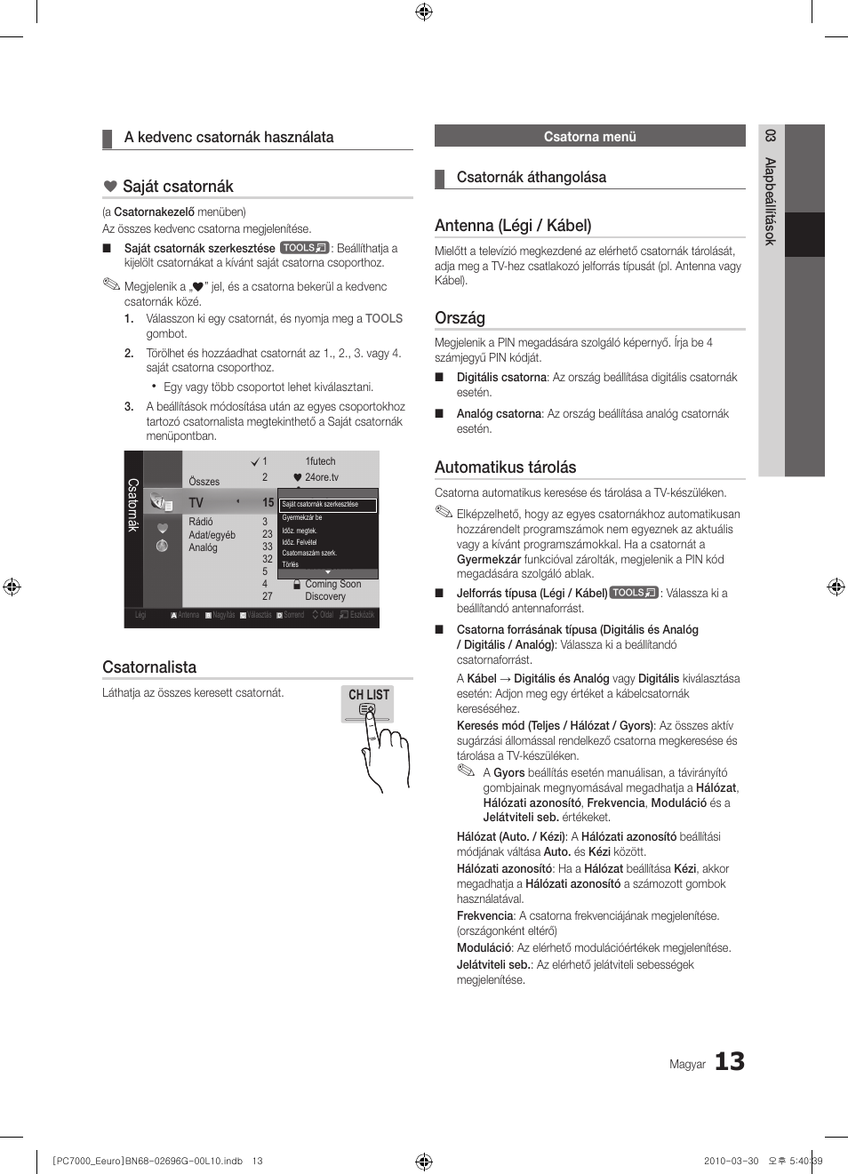 Saját csatornák, Csatornalista, Antenna (légi / kábel) | Ország, Automatikus tárolás | Samsung PS50C7000YW User Manual | Page 75 / 621
