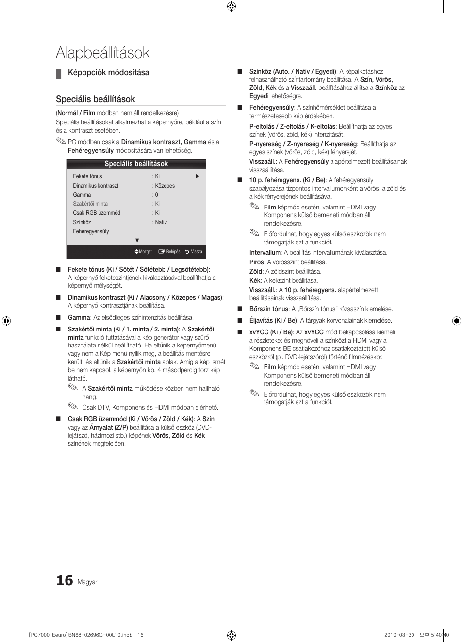 Alapbeállítások, Speciális beállítások | Samsung PS50C7000YW User Manual | Page 78 / 621